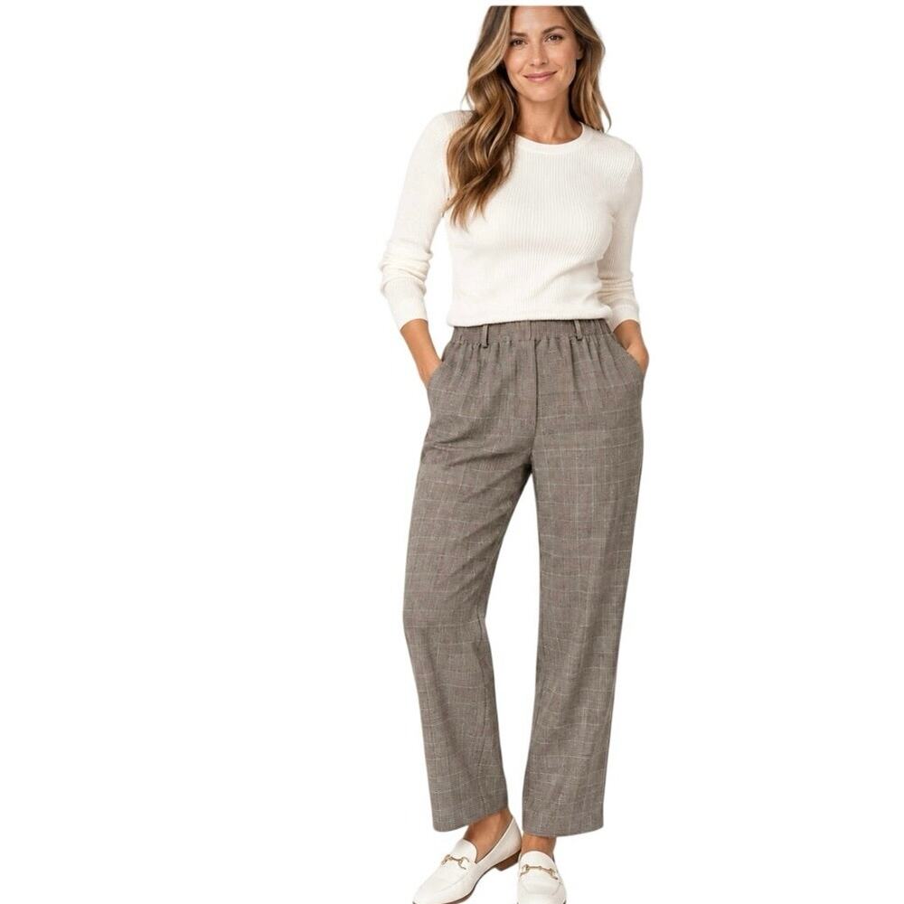 Alfred Dunner Brown Plaid Pull On Straight Leg Pants USA Made Size 34 Vintage
